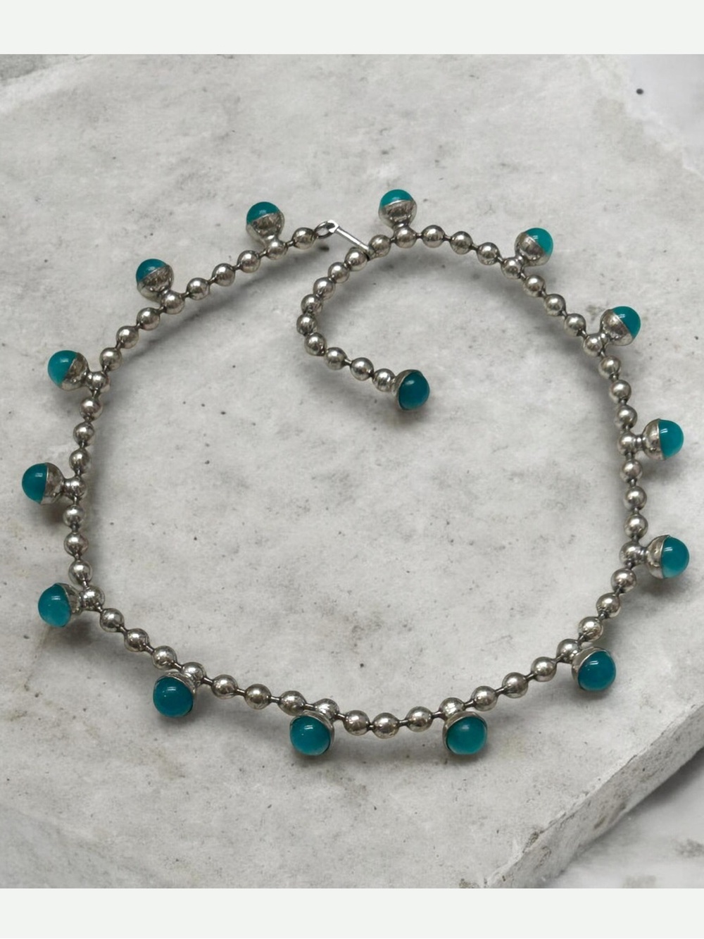Vintage Dead Stock Moonglow Lucite Ball Antique Silver Plate Necklace